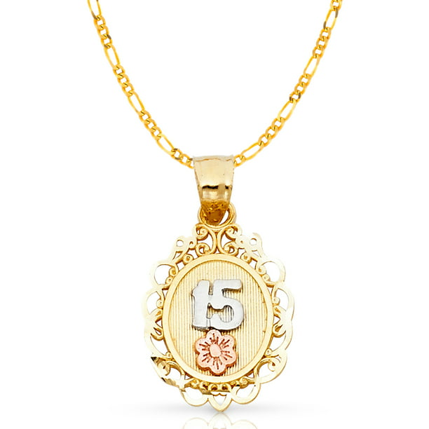 14K Tri-Color Gold 15 Quinceanera Pendant Necklace-Singapore Chain